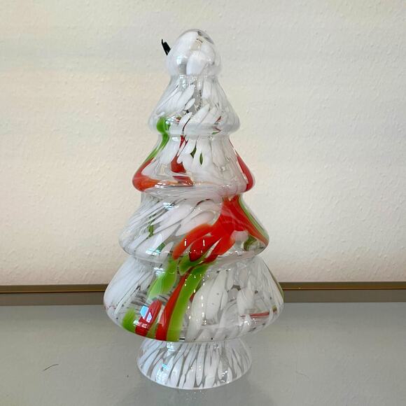 Art Glass CHRISTMAS TREE 10in Red Green White Marble Handmade in Poland NEW - Picture 10 of 14
